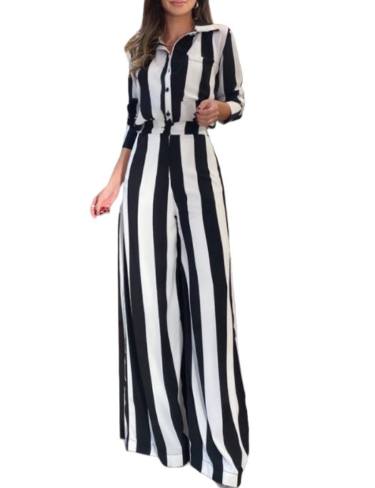 Damen Eleganter Jumpsuit mit auffälligem Streifenmuster und praktischen Taschen Drune