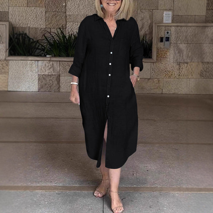 Damen Leichtes Sommerkleid mit Knopfleiste und langen Ärmeln Drune