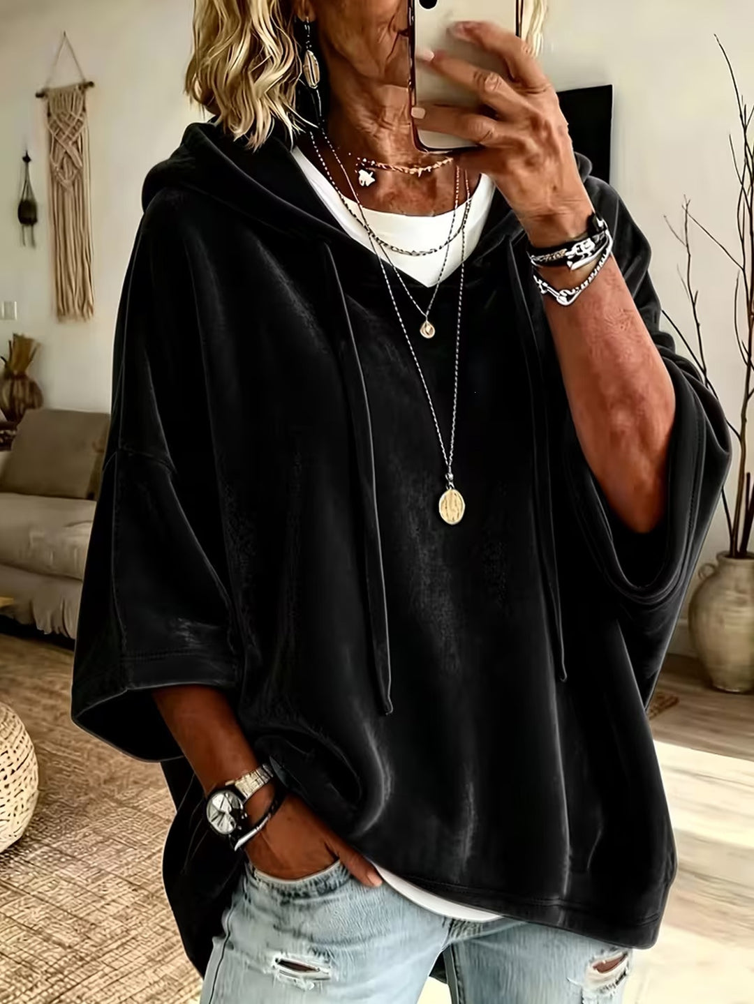 Damen Oversize Samt-Kapuzenponcho mit halblangen Ärmeln und Tunnelzug Drune