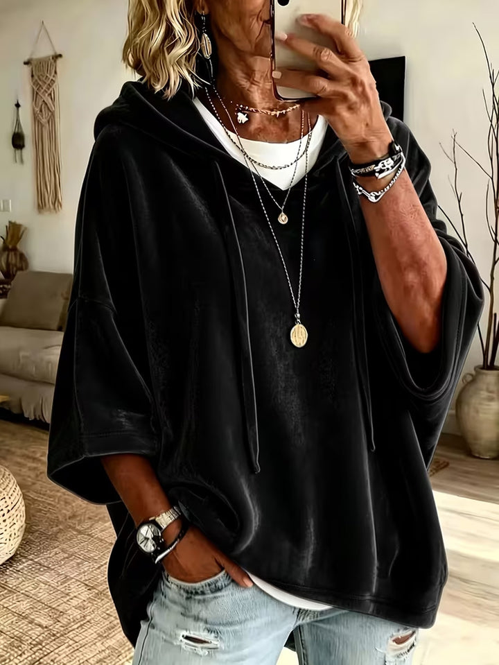 Damen Oversize Samt-Kapuzenponcho mit halblangen Ärmeln und Tunnelzug Drune