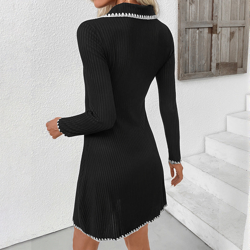 Damen Figurbetontes geripptes Polokleid mit Umschlagkragen und Zierborte Drune