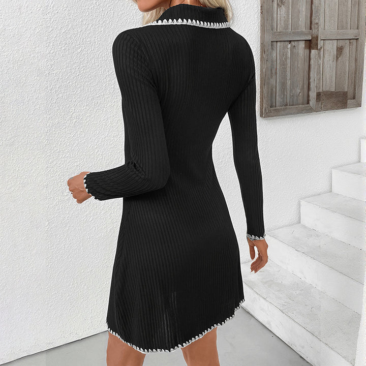 Damen Figurbetontes geripptes Polokleid mit Umschlagkragen und Zierborte Drune