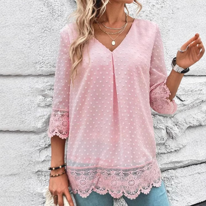 Damen nan transparente Chiffonbluse mit Pünktchenstruktur, Spitzenbesatz, V-Ausschnitt und dreiviertelärmeln Drune