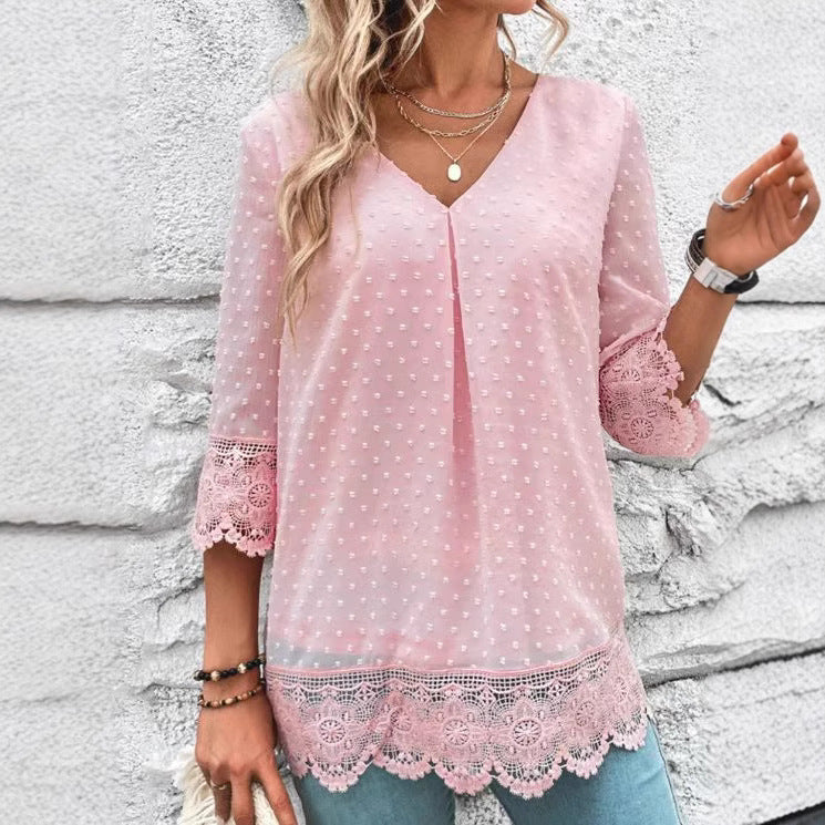 Damen nan feminine Chiffon-Tunika mit Pünktchenrelief, V-Ausschnitt und Häkelspitzenbesatz Drune