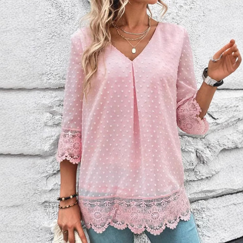 Damen nan feminine Chiffon-Tunika mit Pünktchenrelief, V-Ausschnitt und Häkelspitzenbesatz Drune