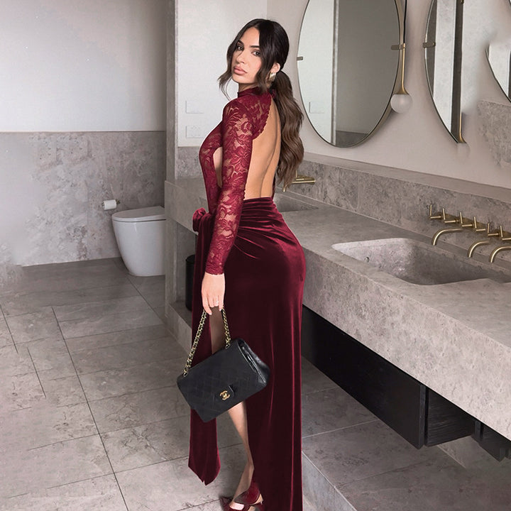 Damen Elegantes Maxi-Kleid mit Spitze und raffiniertem Taillengürtel Drune