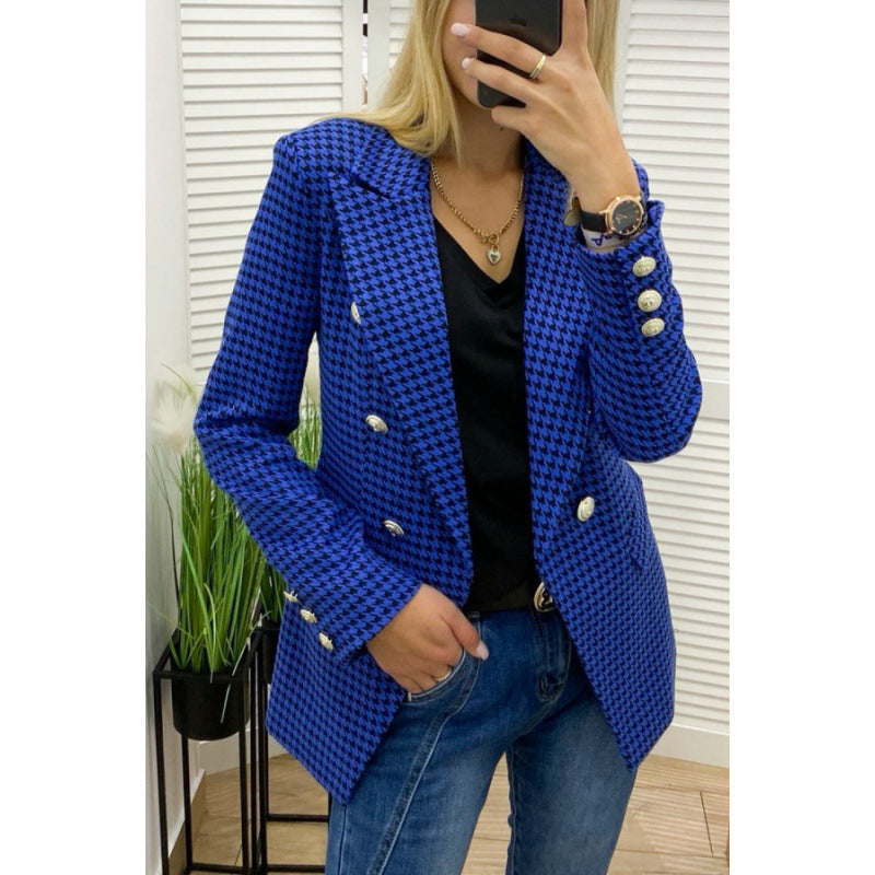 Damen Chic kariertes Blazerjackett mit doppelter Knopfreihe und taillierter Silhouette Drune