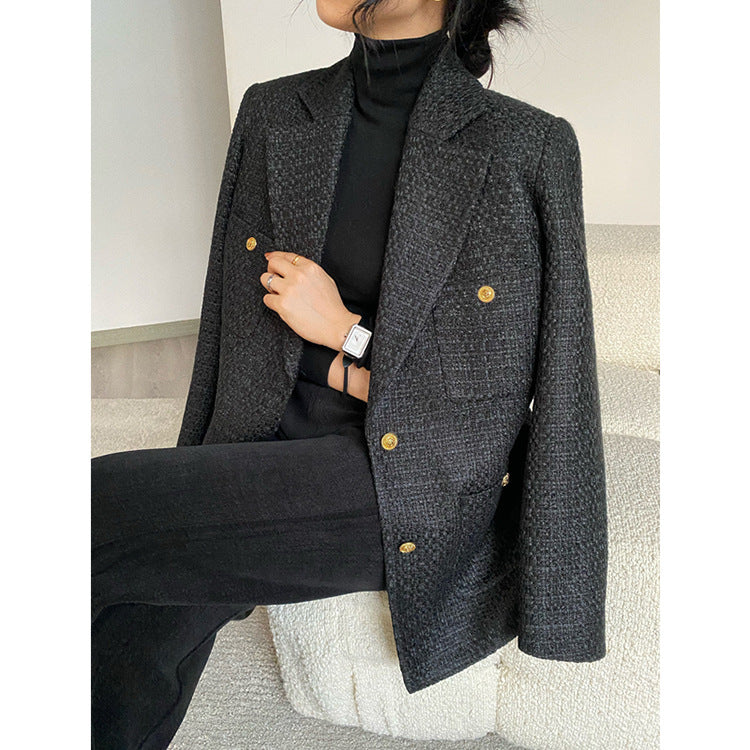 Damen Eleganter Tweed Blazer mit goldenen Knöpfen Drune