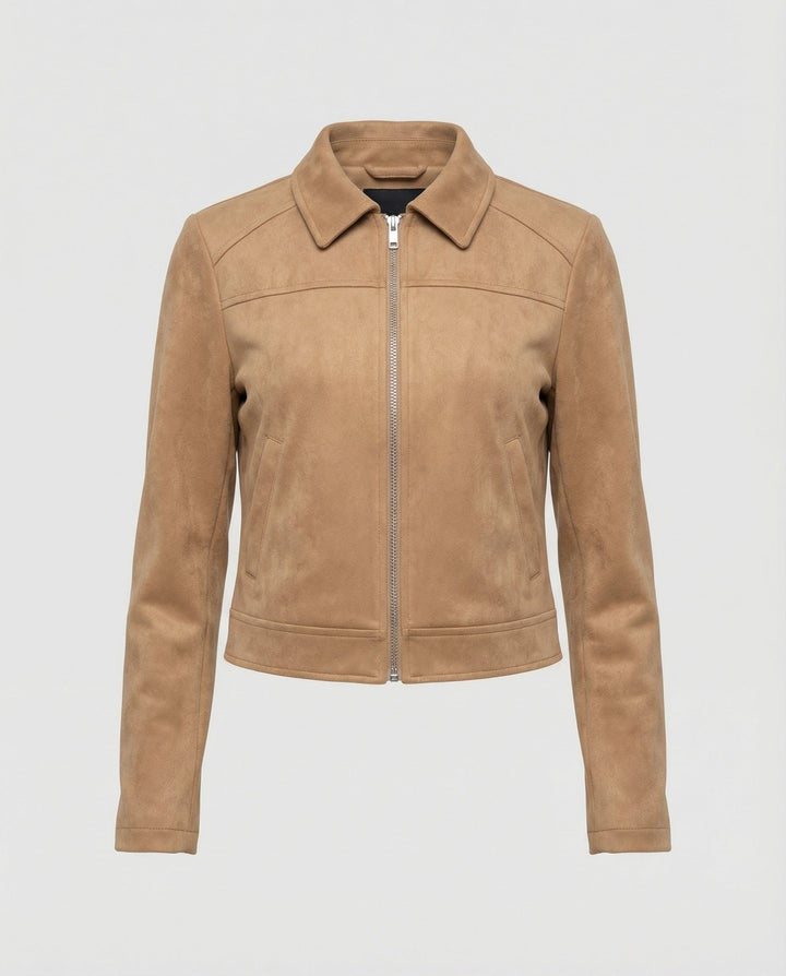 Damen Bekleidungsgeschäft kurz geschnittene Reißverschlussjacke mit Hemdkragen und taillierter Silhouette aus Wildlederimitat Drune