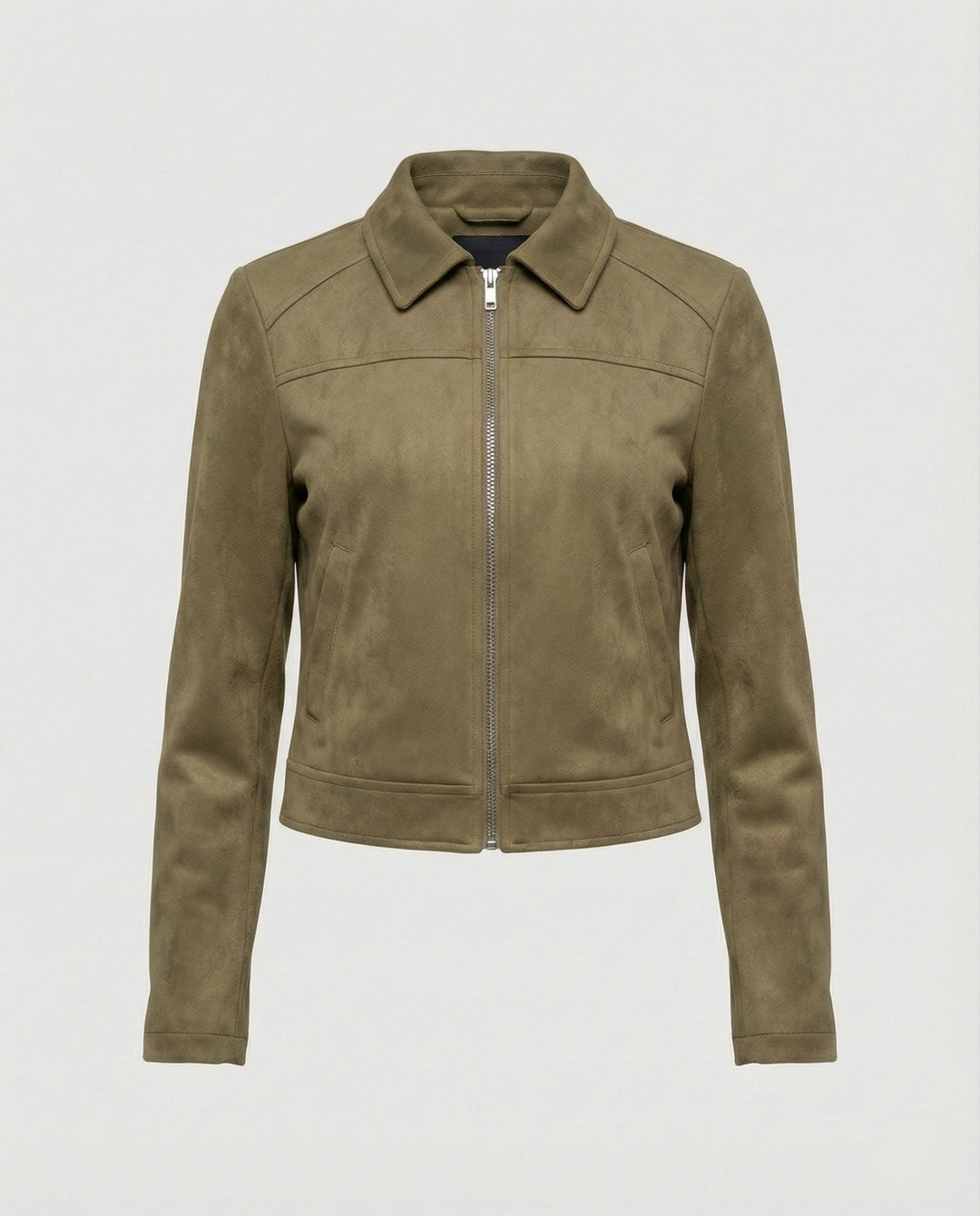 Damen Bekleidungsgeschäft kurz geschnittene Reißverschlussjacke mit Hemdkragen und taillierter Silhouette aus Wildlederimitat Drune