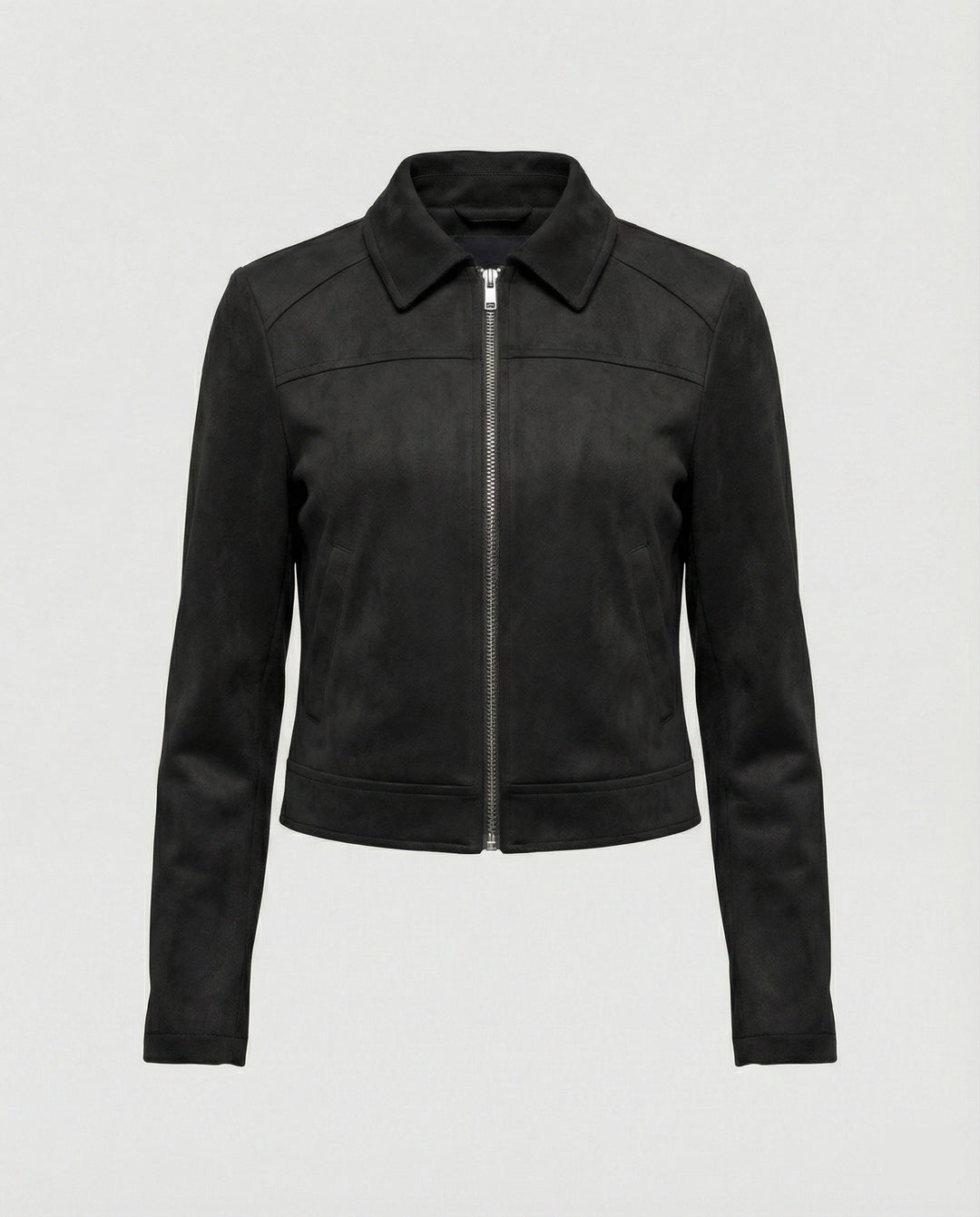 Damen Bekleidungsgeschäft kurz geschnittene Reißverschlussjacke mit Hemdkragen und taillierter Silhouette aus Wildlederimitat Drune