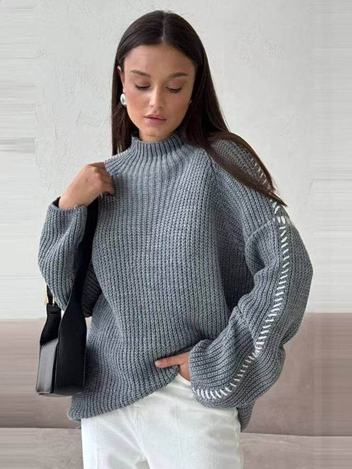 Damen Oversize-Strickpullover mit Stehkragen, Ballonärmeln und Ziernaht Drune