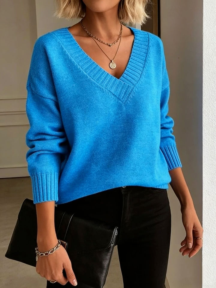 Damen Feinstrickpullover mit tiefem V-Ausschnitt und überschnittener Schulter Drune