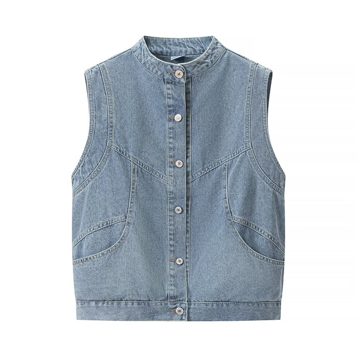 Damen Jeansweste mit Stehkragen, durchgehender Knopfleiste und aufgesetzten Taschen Drune