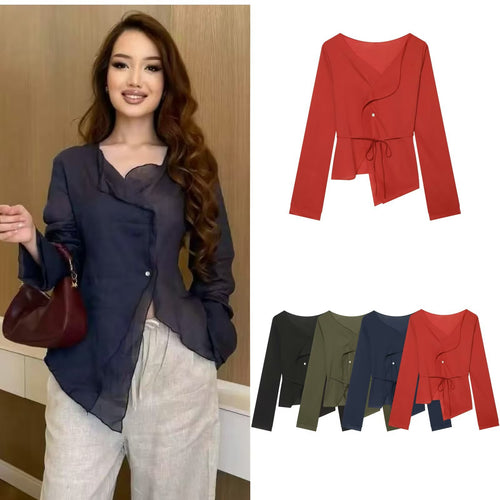 Damen Asymmetrische Wickelbluse mit Volantkante und Taillengürtel Drune