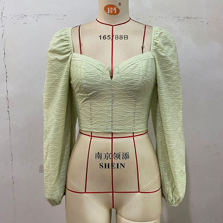 Damen Kurzes Bustier-Cropped-Top mit herzförmigem Ausschnitt, Puffärmeln und strukturierter Chiffonoptik Drune