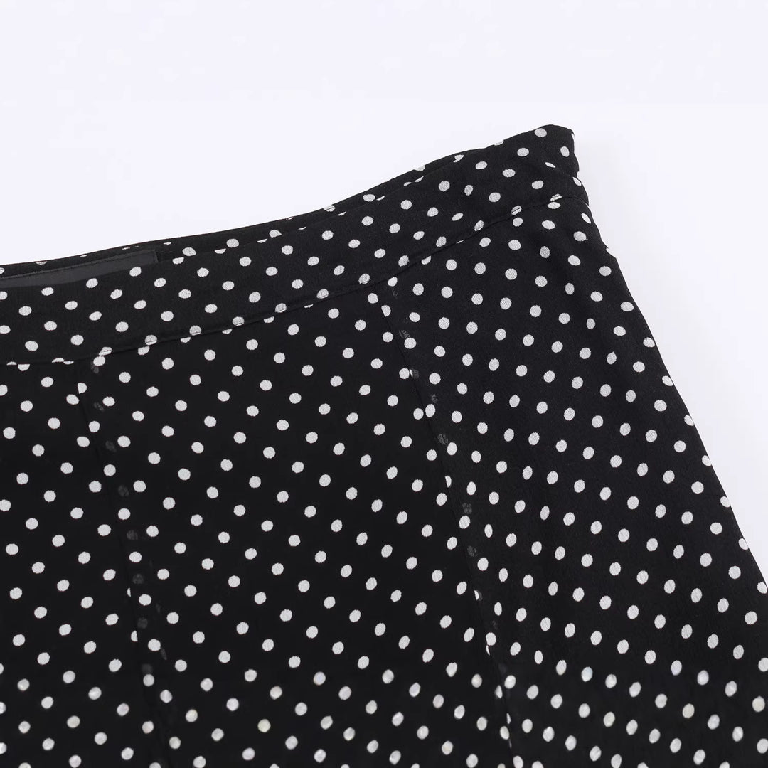 Damen nan ausgestellter Midirock mit hoher Taille, Volant-Fall und feinem Punkte-Muster aus Chiffon Drune