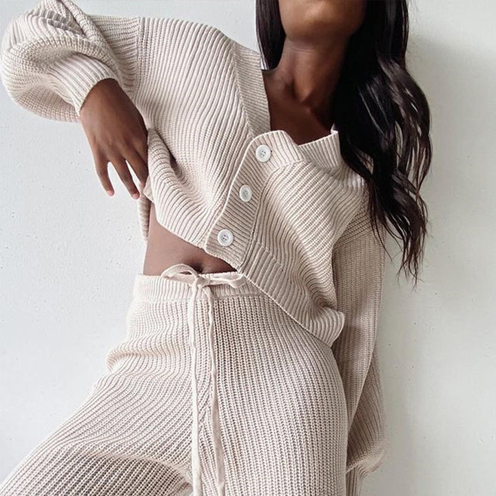 Damen geripptes Strick-Zweiteiler Set mit Cropped-Cardigan, Kordelzug-Hochbundhose und Komfortpassform Drune