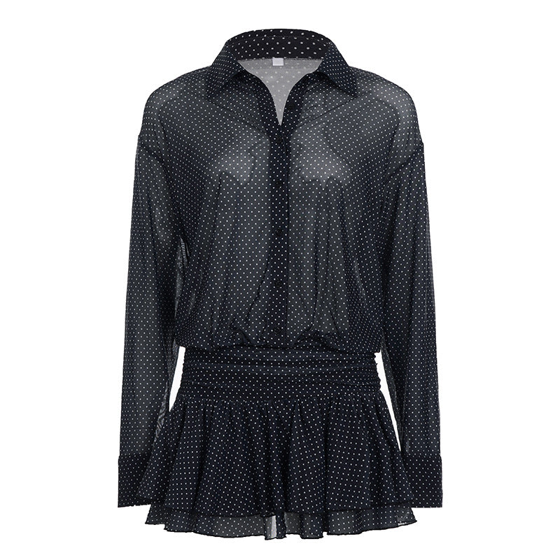 Damen Polka-Dot Kleid mit voluminösen Rüschendetails und transparenten Ärmeln Drune
