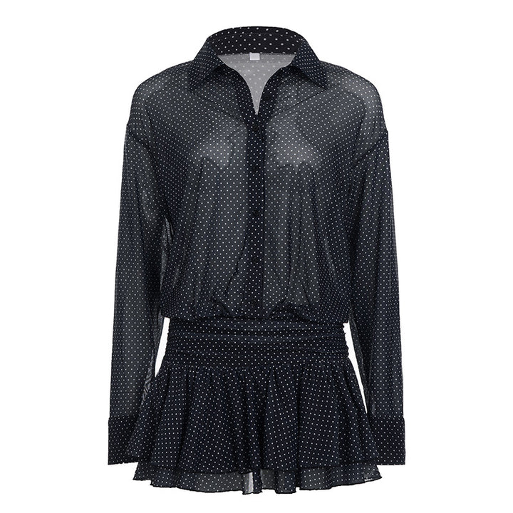 Damen Polka-Dot Kleid mit voluminösen Rüschendetails und transparenten Ärmeln Drune