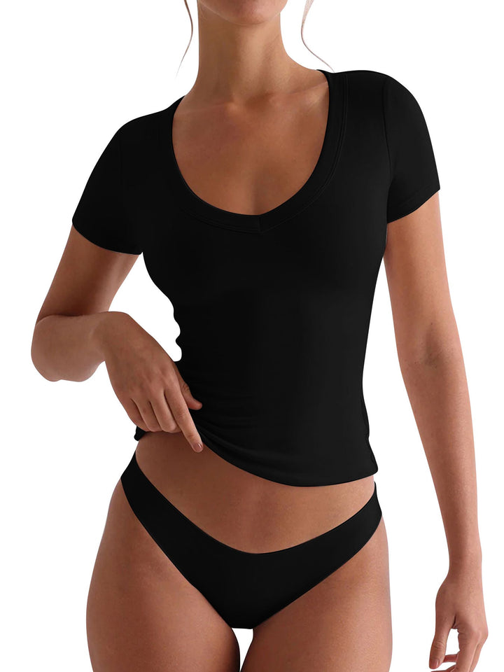 Damen figurbetontes V-Neck T-Shirt mit kurzen Ärmeln Drune