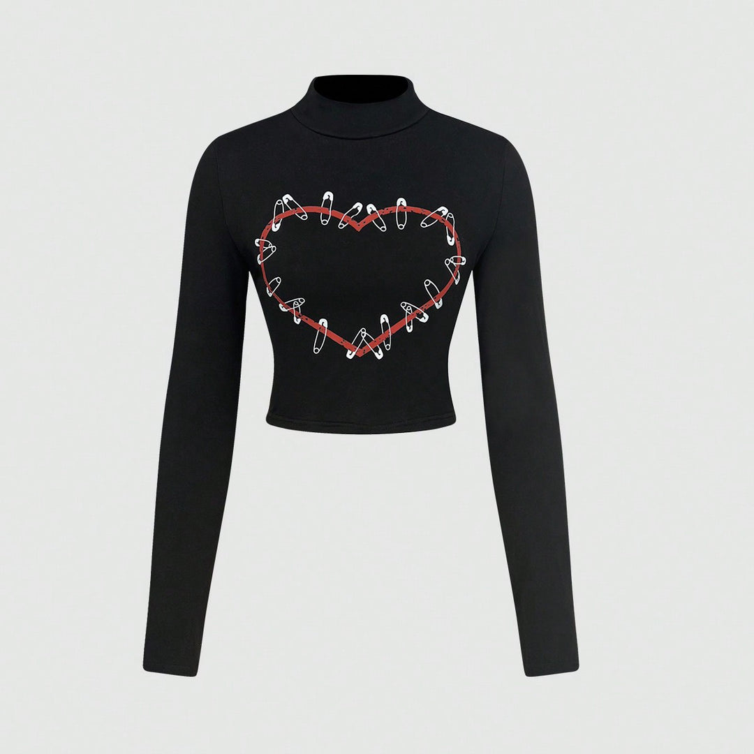 Damen Langarm Crop-Top mit kreativem Herz-Design Drune