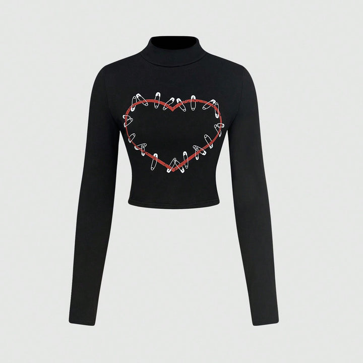 Damen Langarm Crop-Top mit kreativem Herz-Design Drune