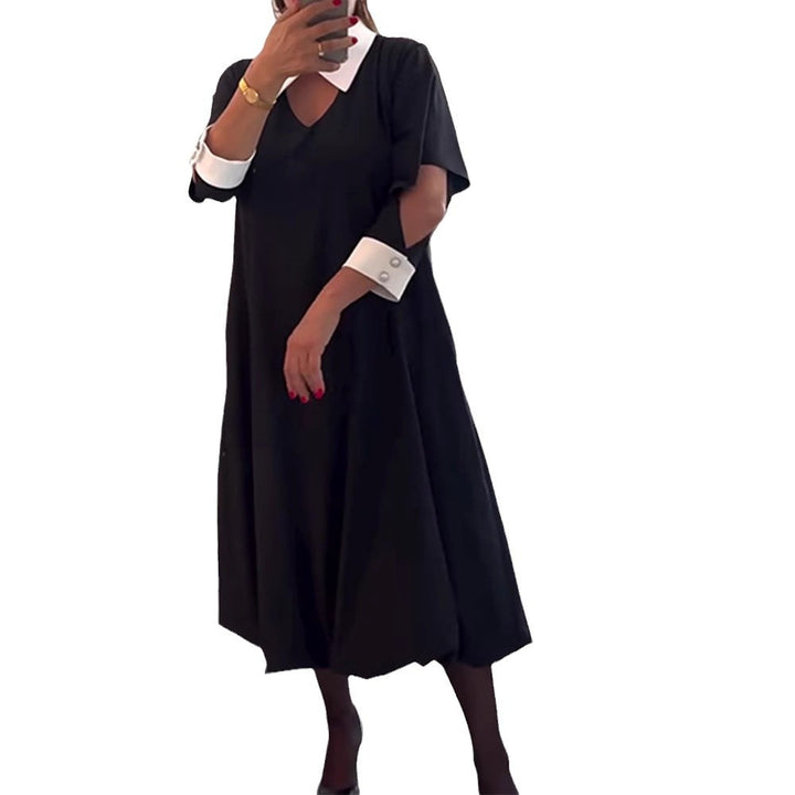 Damen nan kastiges Midikleid mit spitzem Kontrastkragen, Umschlagmanschetten, Eingrifftaschen und Ballon-Saum Drune