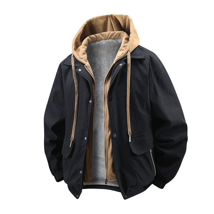 Herren  geschichtete Kapuzen Utility Parka Jacke mit kontrastierender Kapuze Innenfutter Klappe und Reißverschlusstaschen Drune