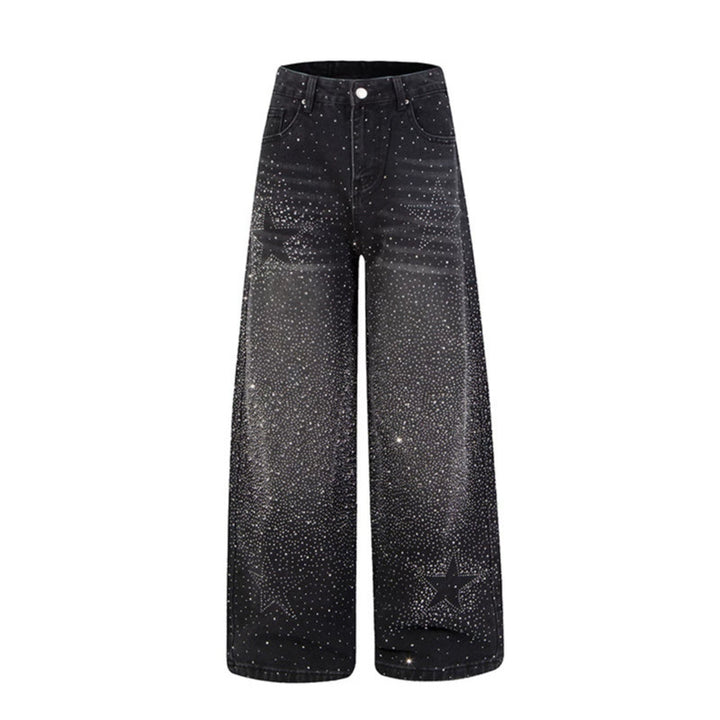 Damen Weite hochgeschnittene Palazzo-Jeans mit Glitzereffekt und Used-Waschung Drune