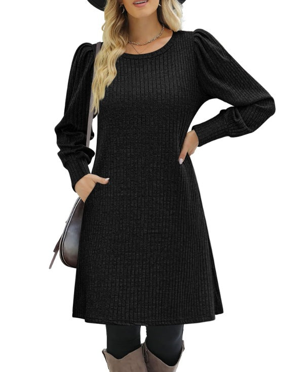 Damen nan gestricktes A-Linien Strickkleid mit Puffärmeln Drune