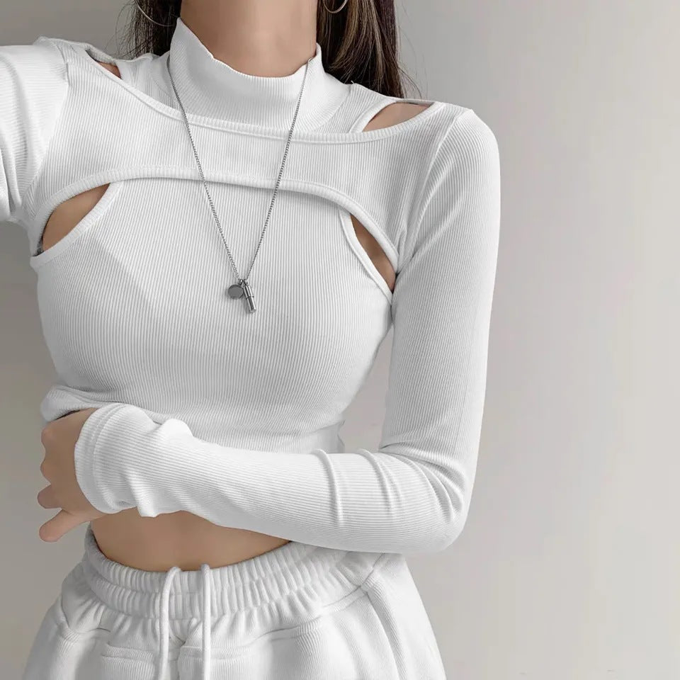 Damen trendiges Oberteil mit Cut-Outs und hohem Kragen Drune