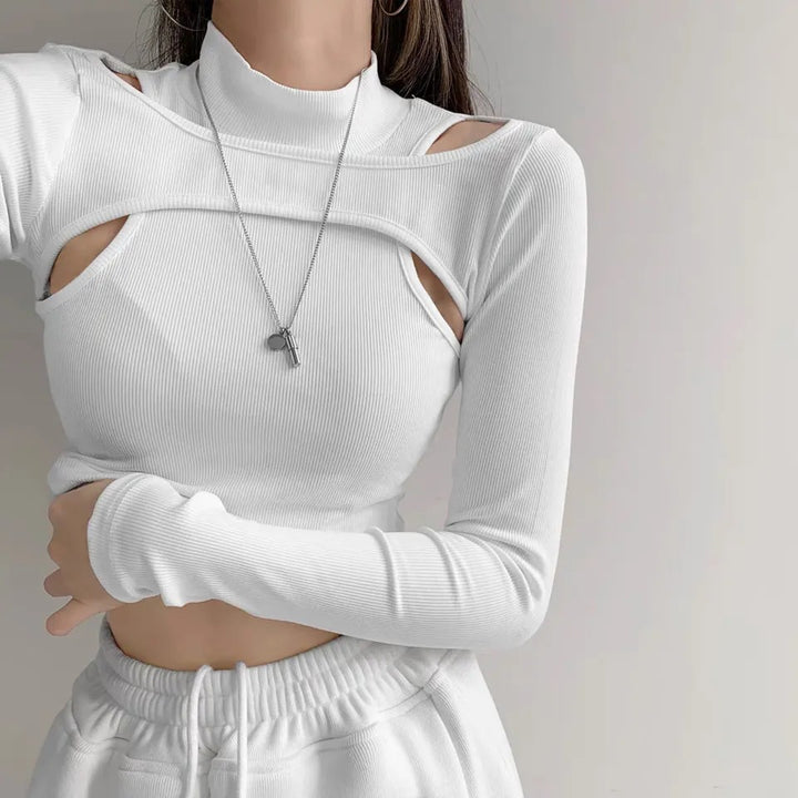 Damen trendiges Oberteil mit Cut-Outs und hohem Kragen Drune