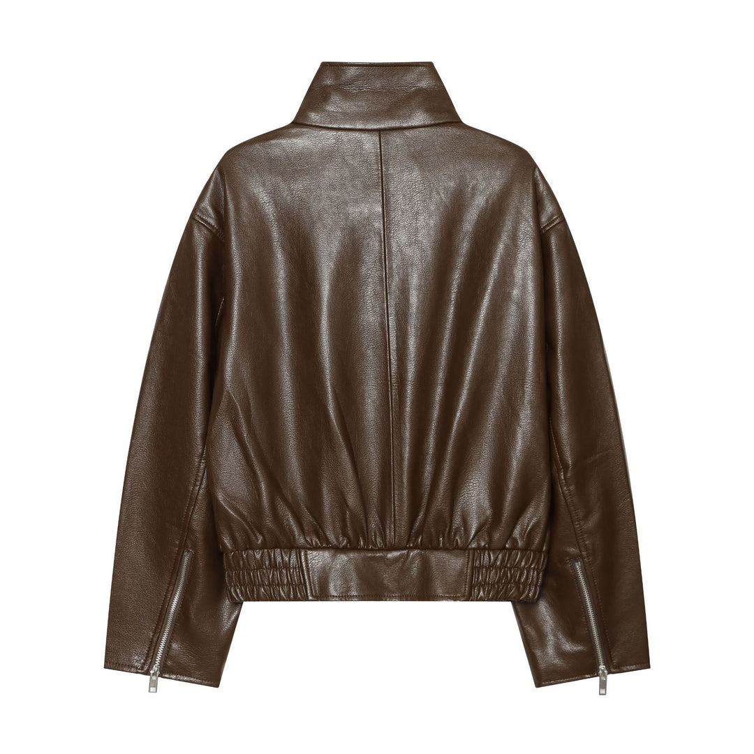 Damen Kurz geschnittene Lederoptik‑Blousonjacke mit Funnelkragen, asymmetrischem Reißverschluss und smocked Bund Drune