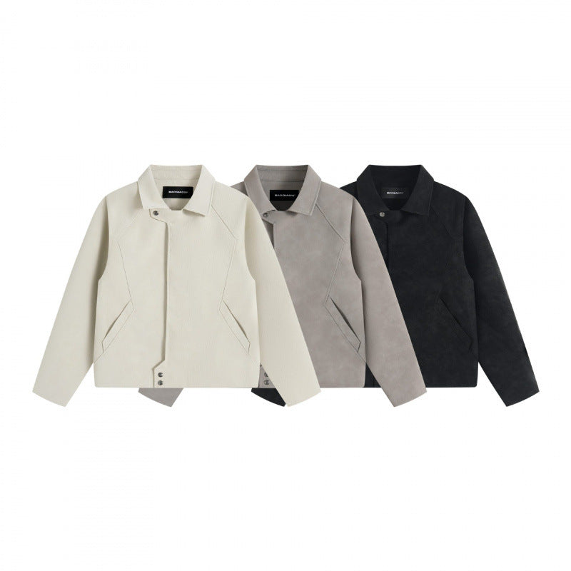 Unisex Kurzjacke im minimalistischen Veloursleder-Look mit verdeckter Frontblende und Hemdkragen Drune