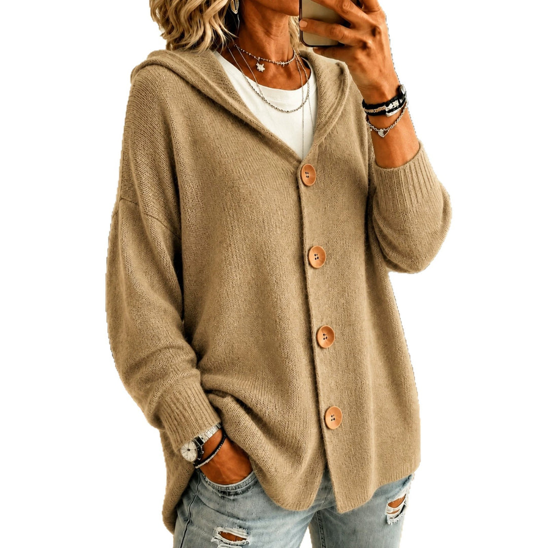 Damen Kapuzen-Cardigan Oversize mit Holzknöpfen und Rippbündchen Drune