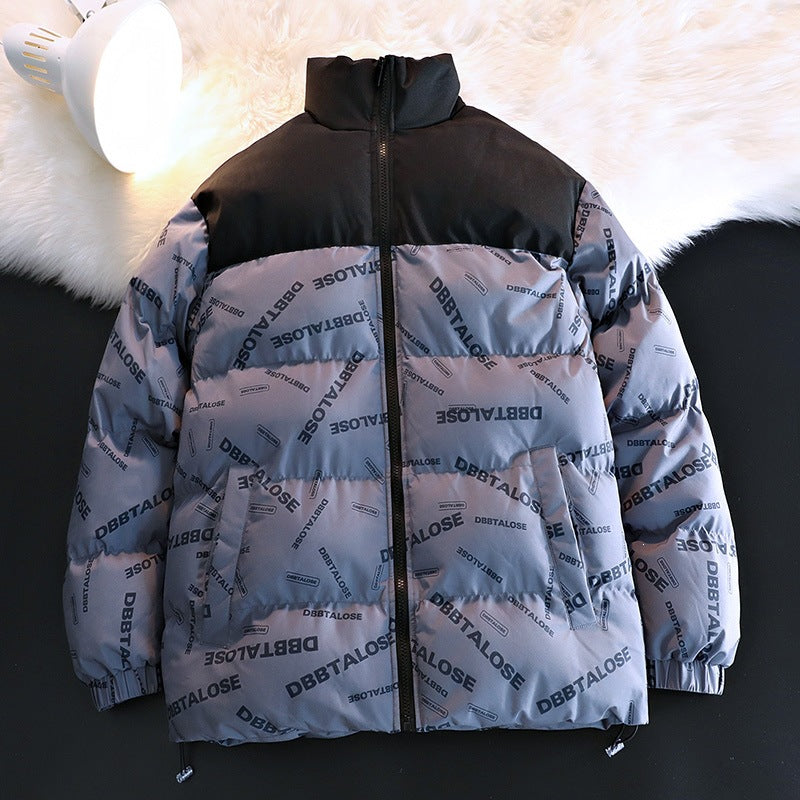 Unisex Gepolsterte Steppjacke mit Allover‑Logoprint, hohem Stehkragen & verstellbarem Saum Drune