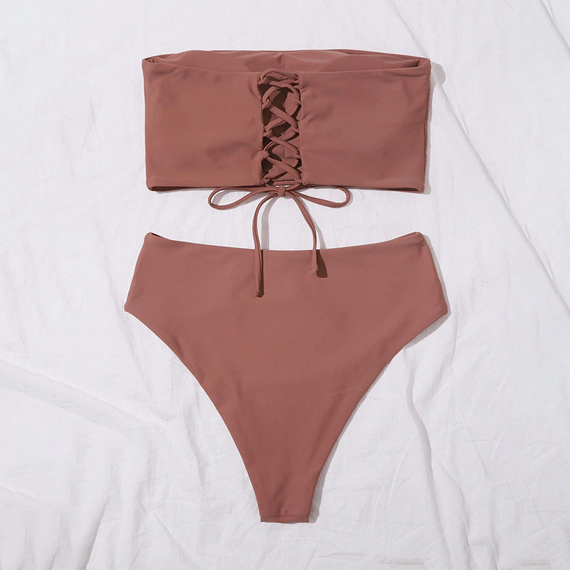 Damen Bandeau-Bikini-Set mit hohem Taillenslip und verstellbaren Trägern Drune