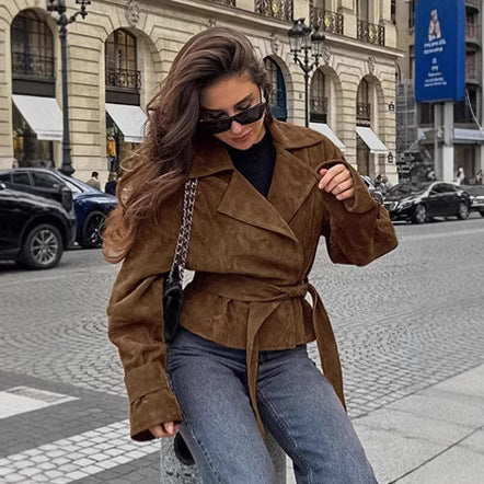 Damen Modische Suede-Blazerjacke mit tailliertem Design und Raffungen Drune