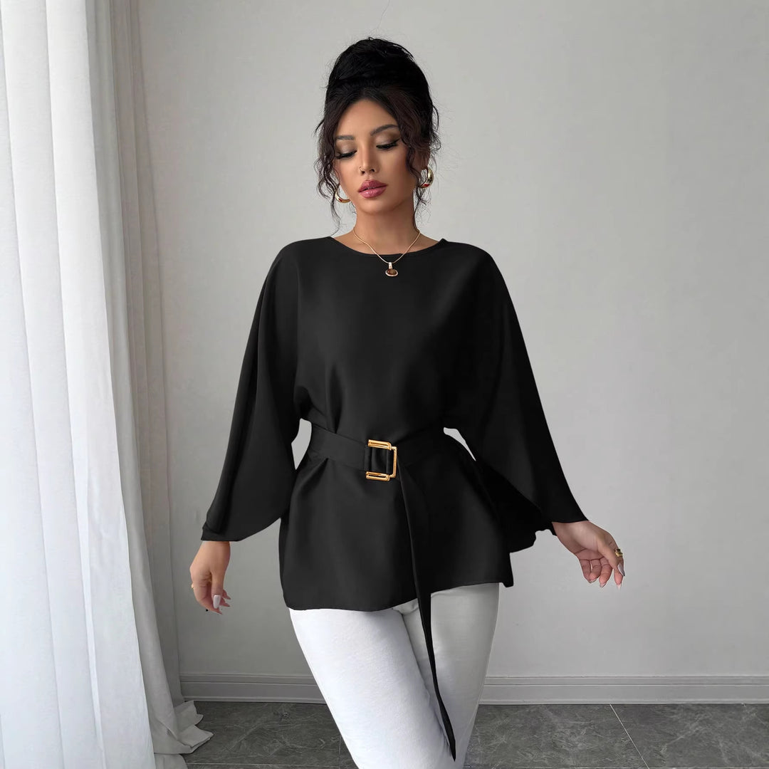 Damen Elegante Chiffon-Tunika mit Cape-Ärmeln und Taillengürtel Drune