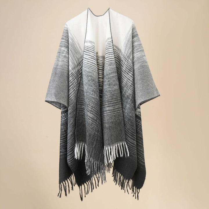 Damen Fransen‑Cape aus Wollmix mit offenem Fall und reversiblem Jacquard Drune