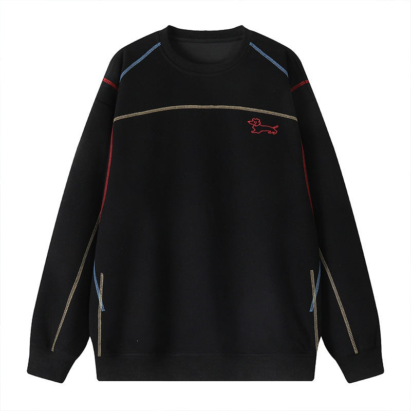 Herren Sweatshirt mit farbiger Ziernaht, gesticktem Hundemotiv und Rundhalsausschnitt Drune