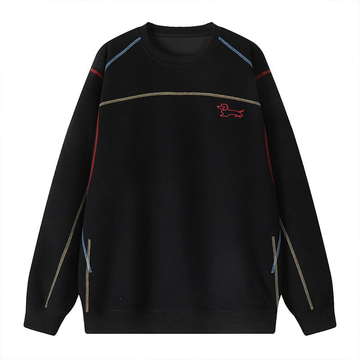 Herren Sweatshirt mit farbiger Ziernaht, gesticktem Hundemotiv und Rundhalsausschnitt Drune