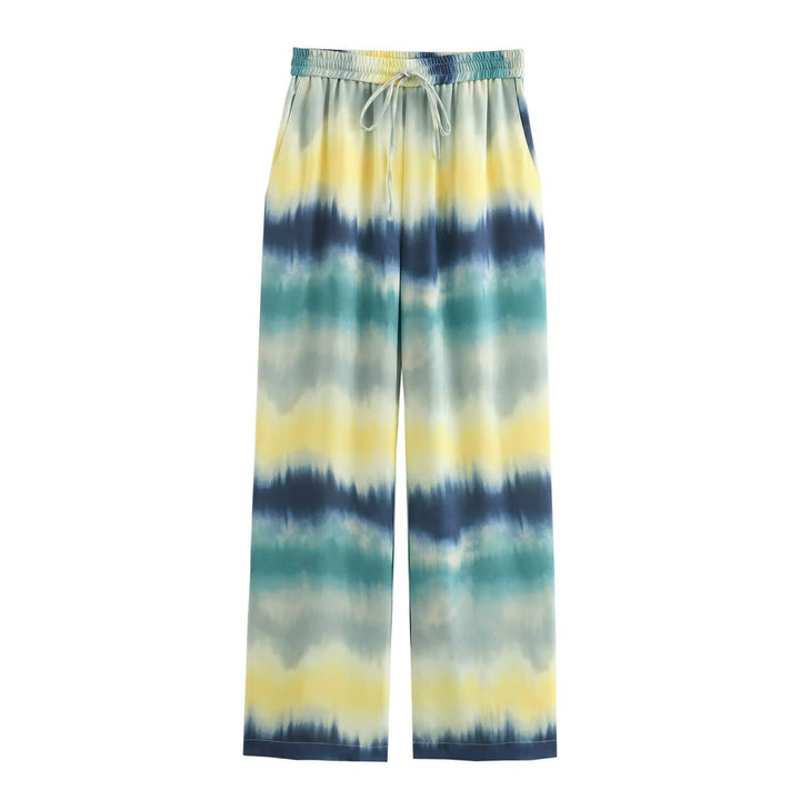 Damen Weite Palazzo-Loungehose mit Elastikbund, Tunnelzug und Aquarell‑Print Drune