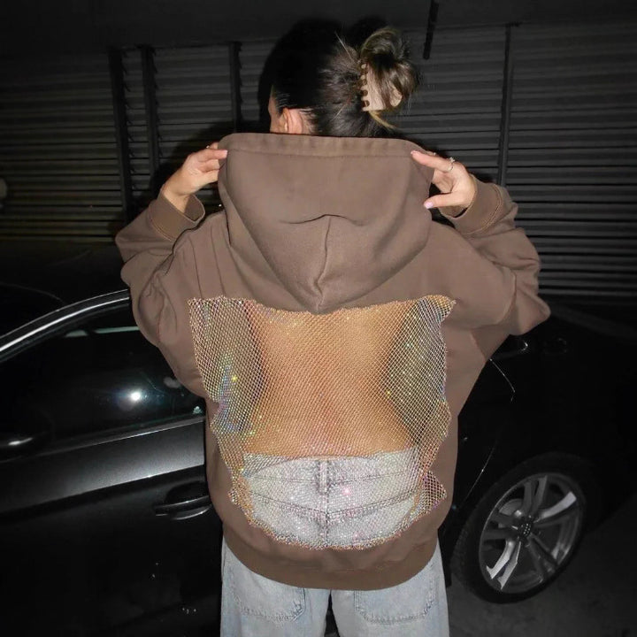 Damen nan Kapuzensweatshirt mit transparenter bestickter Rückenpartie Drune