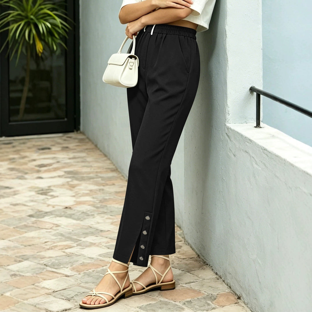 Damen Locker geschnittene High‑Waist Freizeithose mit Elastikbund und Zier‑Druckknopfleiste am Bein Drune