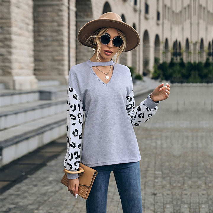 Damen Sweatshirt mit V-Ausschnitt und trendigen Leopardenärmel Drune