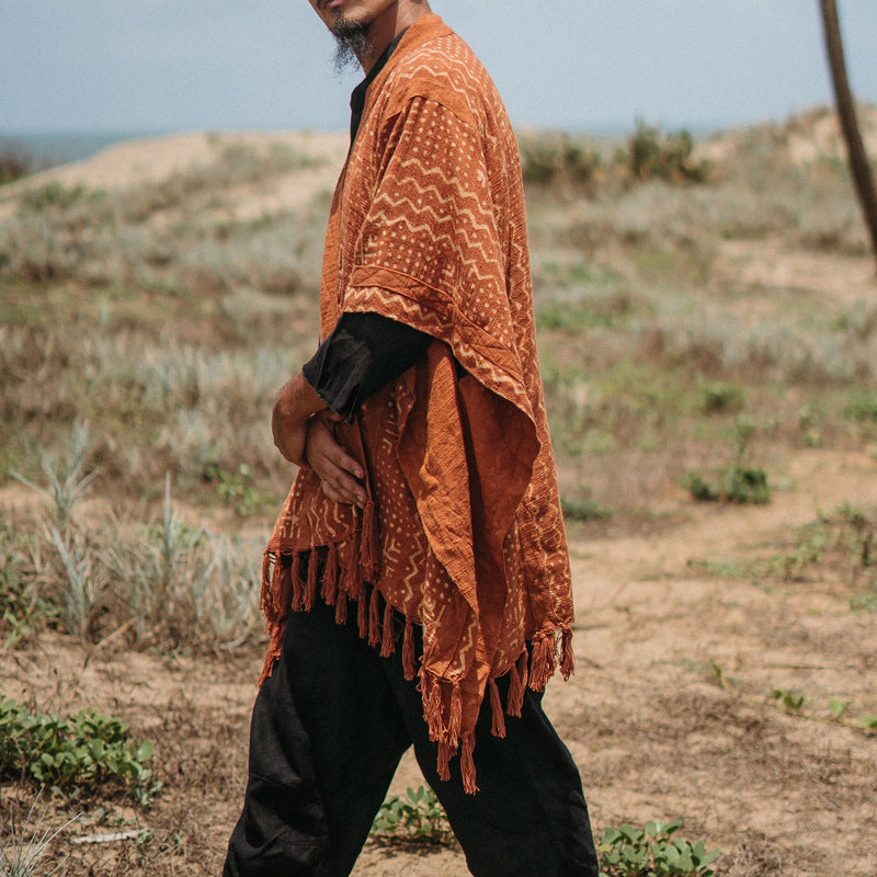 Herren gewDruneter Boho-Poncho mit Fransen und V-Ausschnitt Drune
