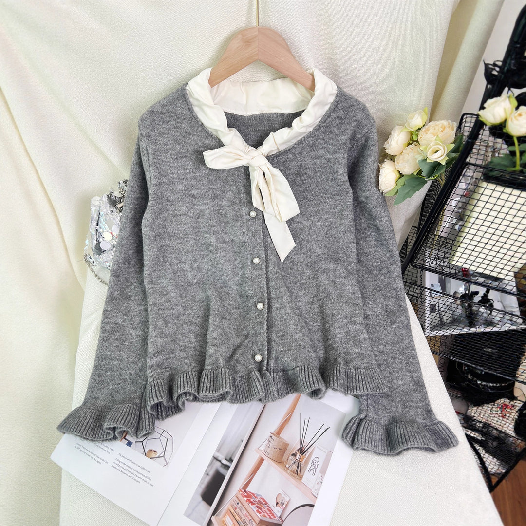 Damen elegante Strickjacke mit Rüschen und Schleifenkragen Drune