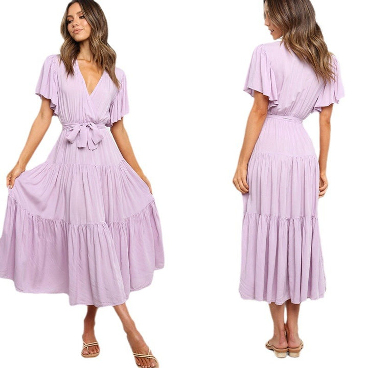 Damen Fließendes Maxi-Kleid mit Wickelbindung und Schmetterlingsärmeln Drune